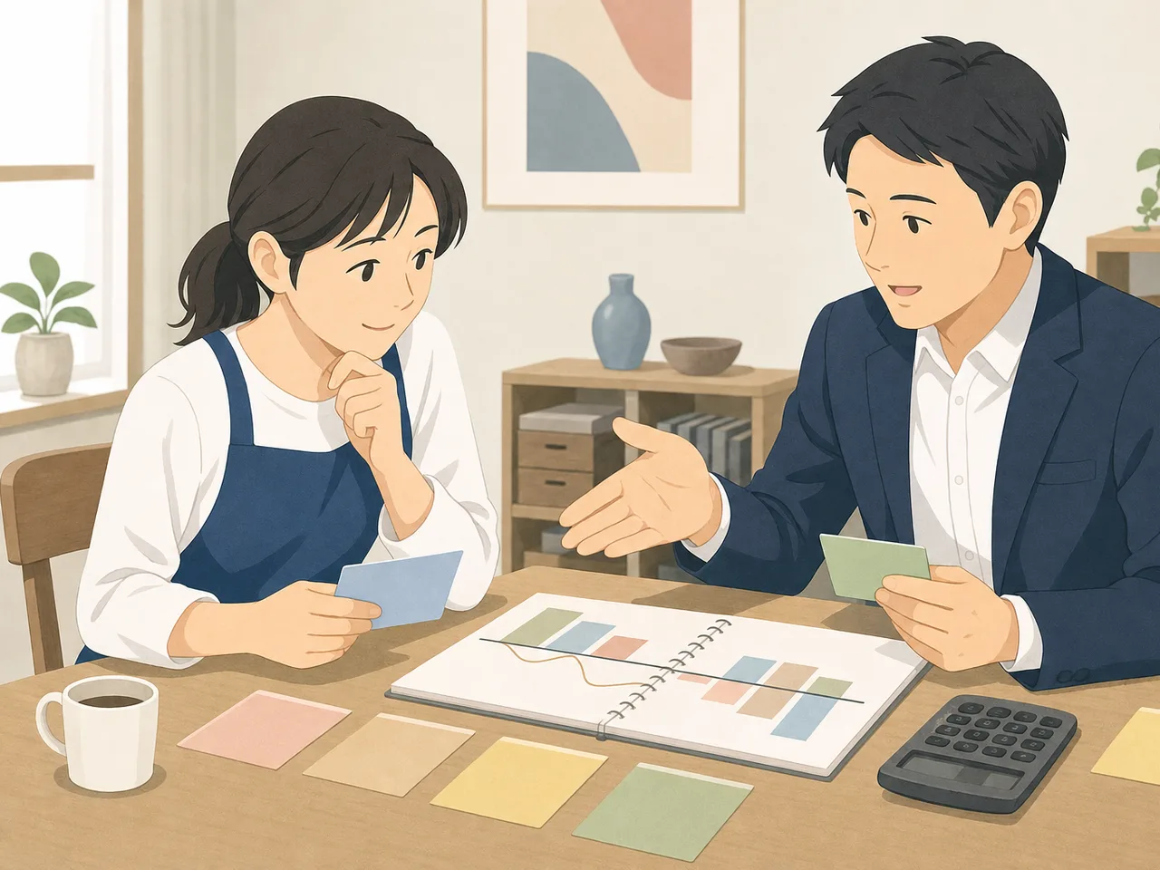 資金繰りを確認する日本の中小企業（フラットイラスト）。資金繰り、中小企業、経営、会計の記事や案内に使える商用素材です。