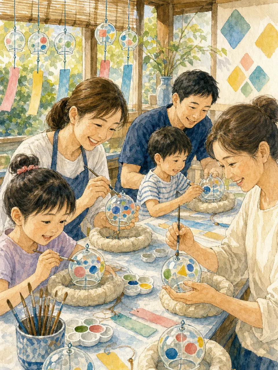 風鈴の絵付けを楽しむ日本人（手描き水彩）。風鈴絵付け、風鈴作り、夏の工作、伝統工芸体験の記事や案内に使える商用素材です。