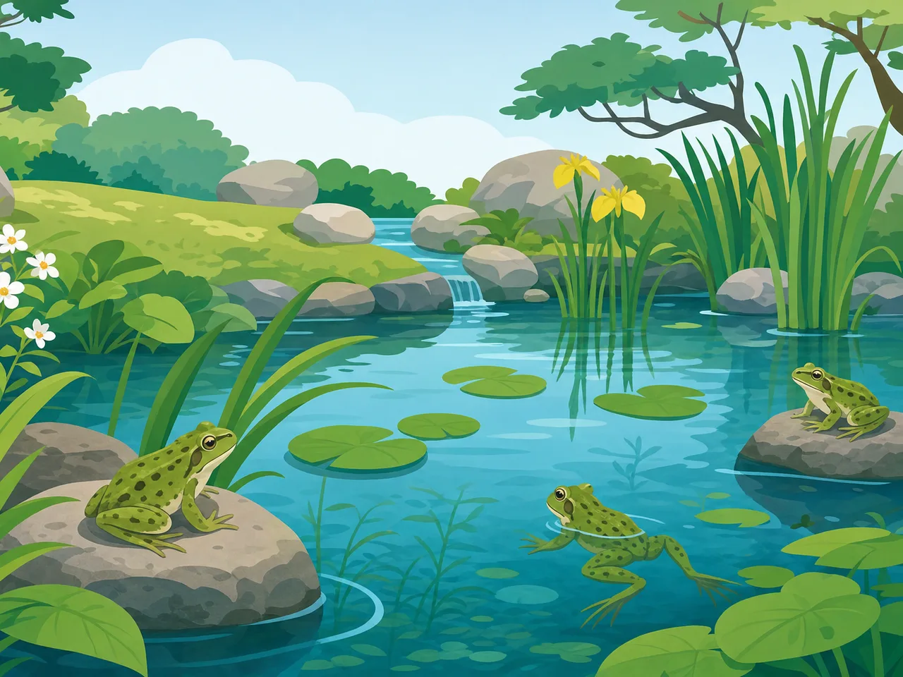 カエルが暮らす自然な池（フラットイラスト）。カエル、池、水辺、両生類の記事や案内に使える商用素材です。