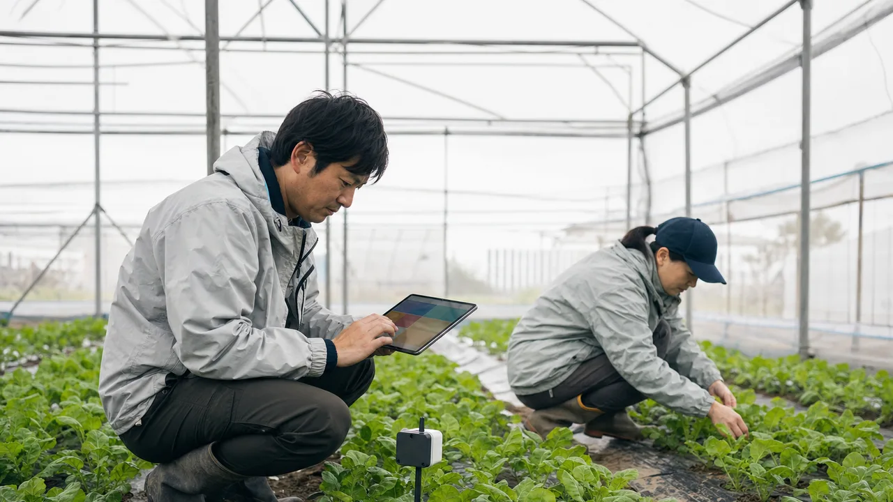スマート農業に取り組む日本人農家（横長・コピースペース）。スマート農業、農業IoT、センサー、農業技術の記事向け素材です。