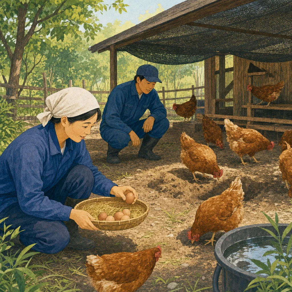ニワトリを世話する日本人農家（編集記事向け）。ニワトリ、養鶏、農業、動物福祉の記事向け素材です。