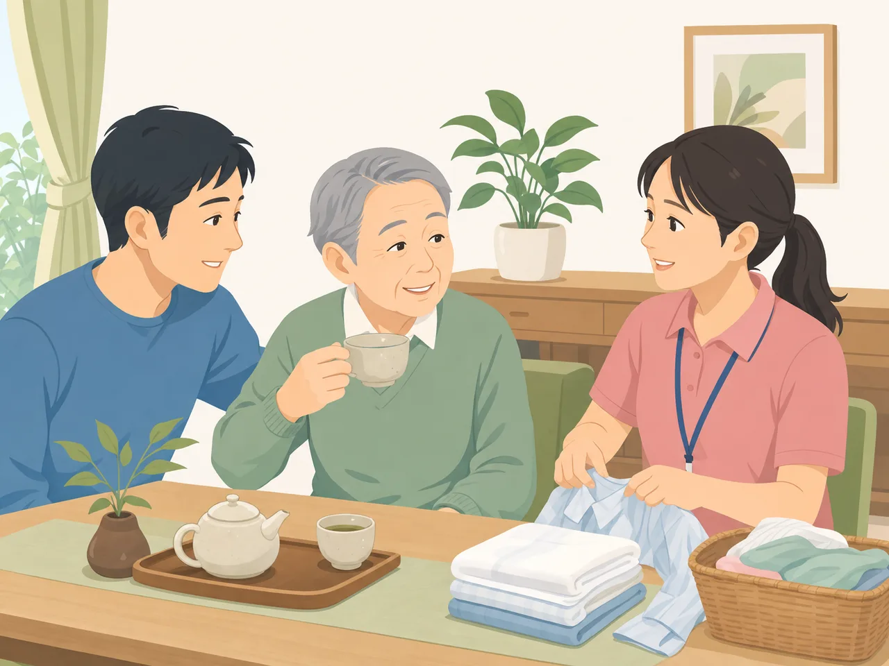 認知症の高齢者を支える家族と介護職（フラットイラスト）。認知症、在宅介護、デイサービス、家族支援の記事向け素材です。