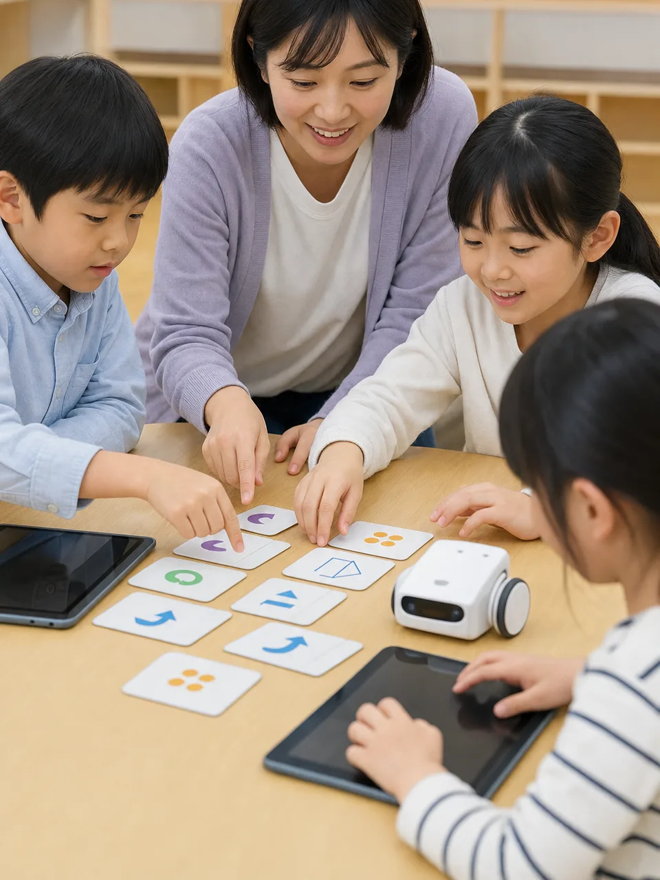 プログラミングを学ぶ日本の子どもたち（自然な縦位置写真）。プログラミング教育、STEAM、学習教室の紹介に使える素材です。