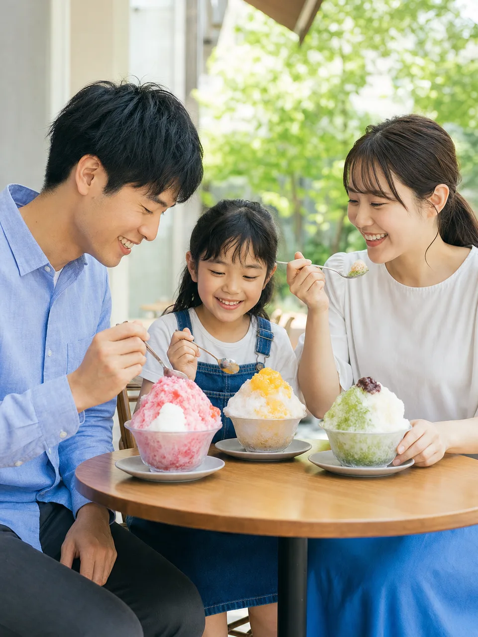 かき氷を楽しむ日本人（自然な縦位置写真）。かき氷、夏、カフェ、涼をテーマにした記事向け素材です。