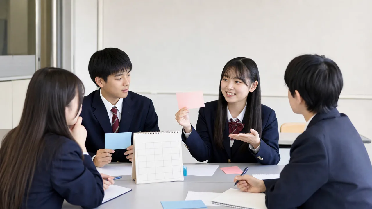 学校行事を計画する日本人生徒会（横長・コピースペース）。生徒会、学校行事、企画会議、中学生の記事や案内に使える商用素材です。