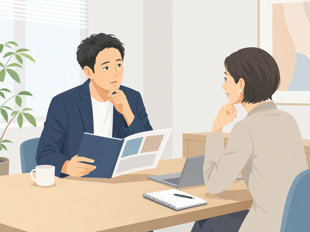 転職相談をする日本人会社員（フラットイラスト）。転職、人材紹介、キャリア形成の記事やサービス紹介に使える相談場面です。
