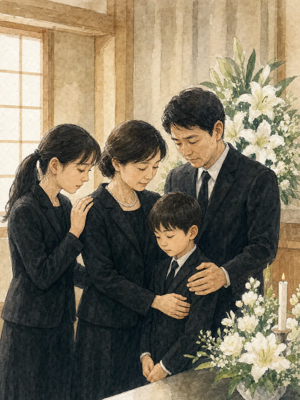 葬儀で寄り添う日本人家族（手描き水彩）。葬儀、家族、供養、葬祭サービスを静かに表現する素材です。