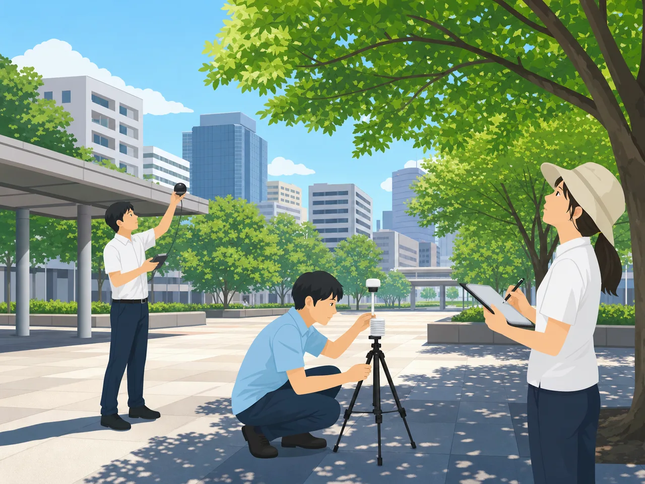 都市の暑さを測る日本人調査員（フラットイラスト）。ヒートアイランド、暑さ対策、都市環境、気温測定の記事や案内に使える商用素材です。