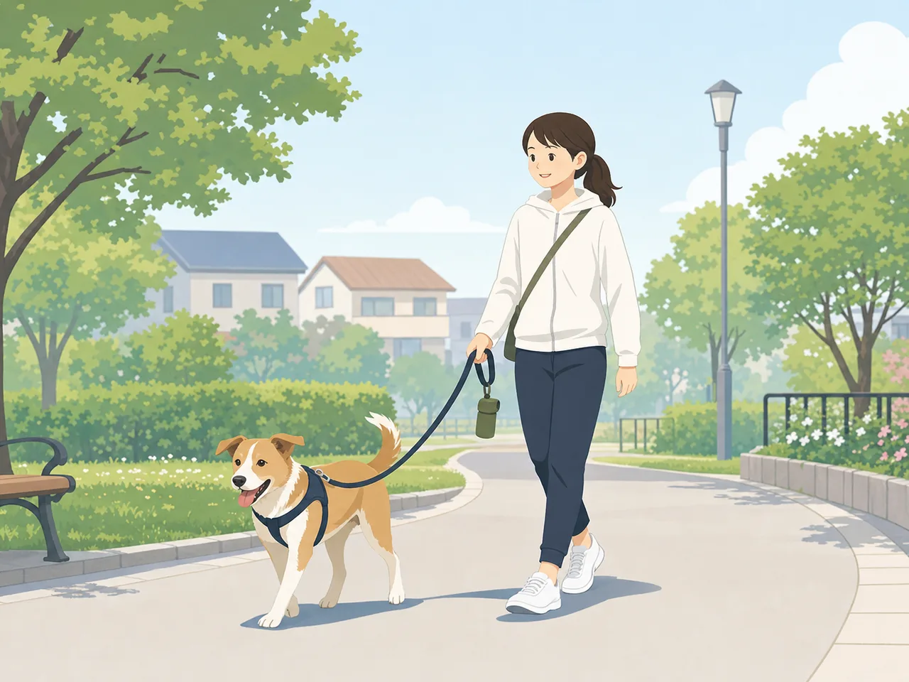 犬と散歩する日本人（フラットイラスト）。犬の散歩、ペット、健康、地域生活の記事に使える日常素材です。