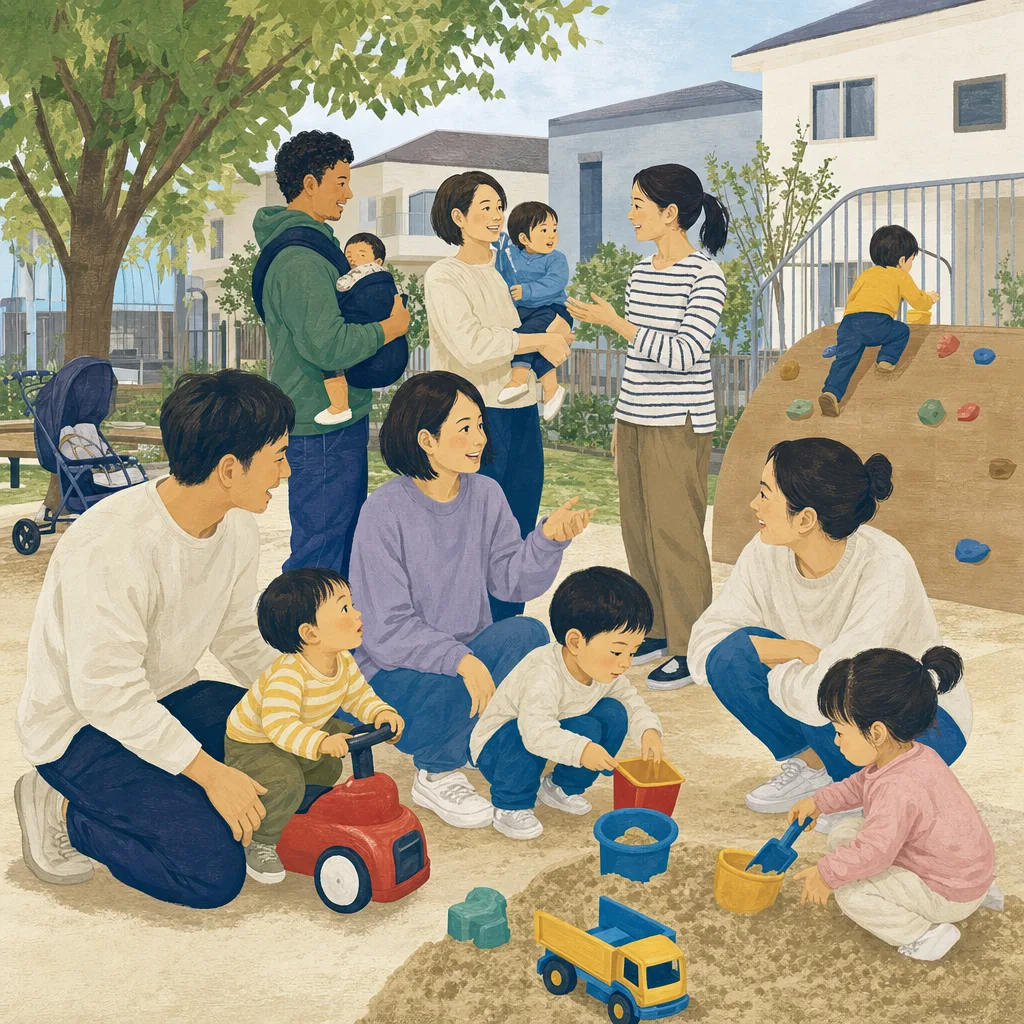 地域で交流する日本人の子育て世代（編集記事向け）。子育て世代、親子交流、地域、コミュニティの記事向け素材です。