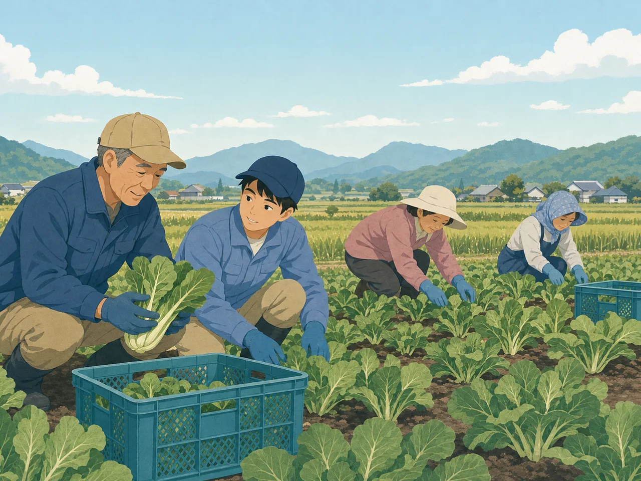 野菜を収穫する日本の農家（フラットイラスト）。農業、地産地消、一次産業、食育の記事に使える収穫素材です。