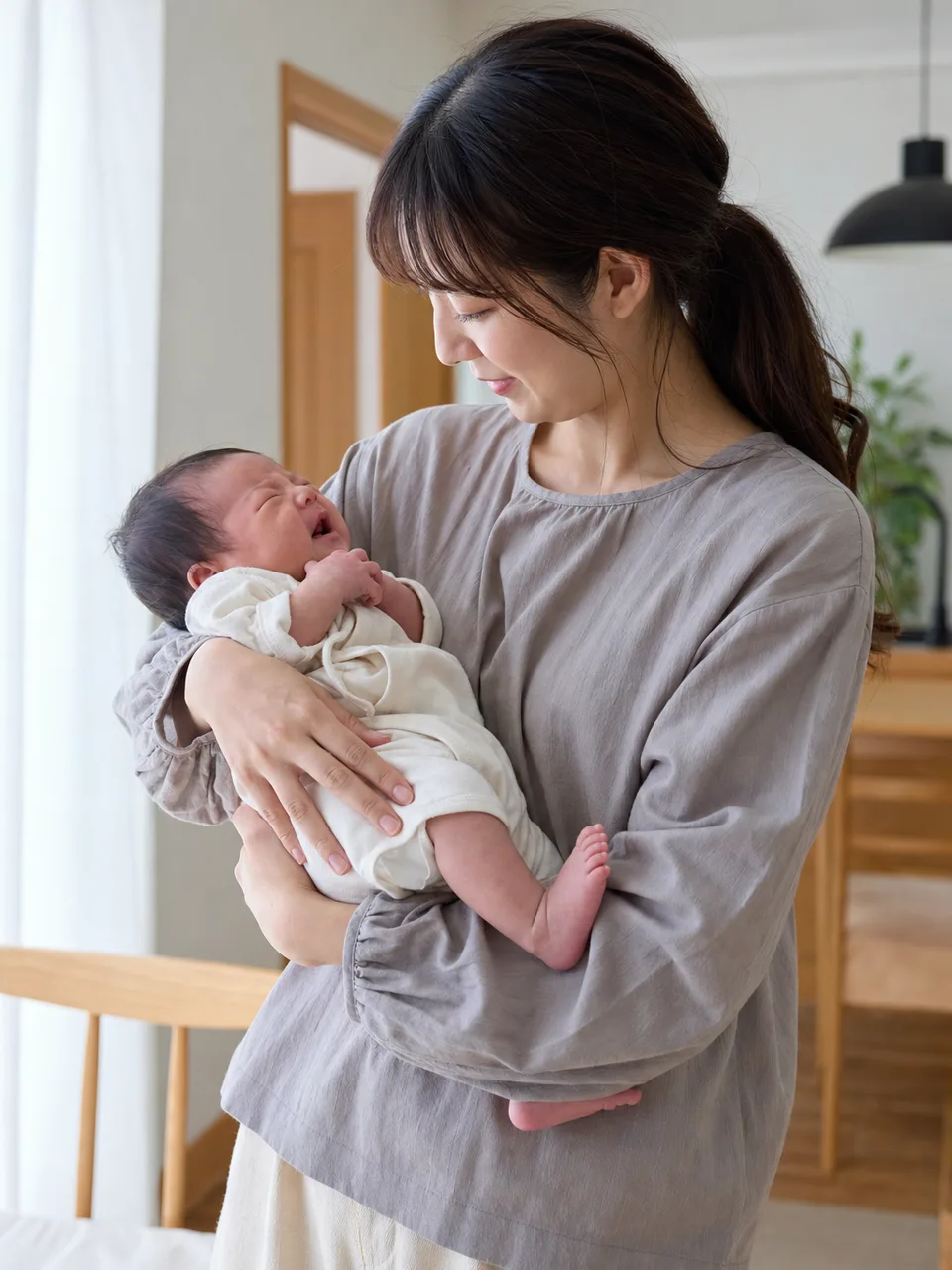 赤ちゃんを抱く日本人の母親（自然な縦位置写真）。育児、出産、家族向けサービスの案内に使いやすい、母親と新生児の自然な日常素材です。