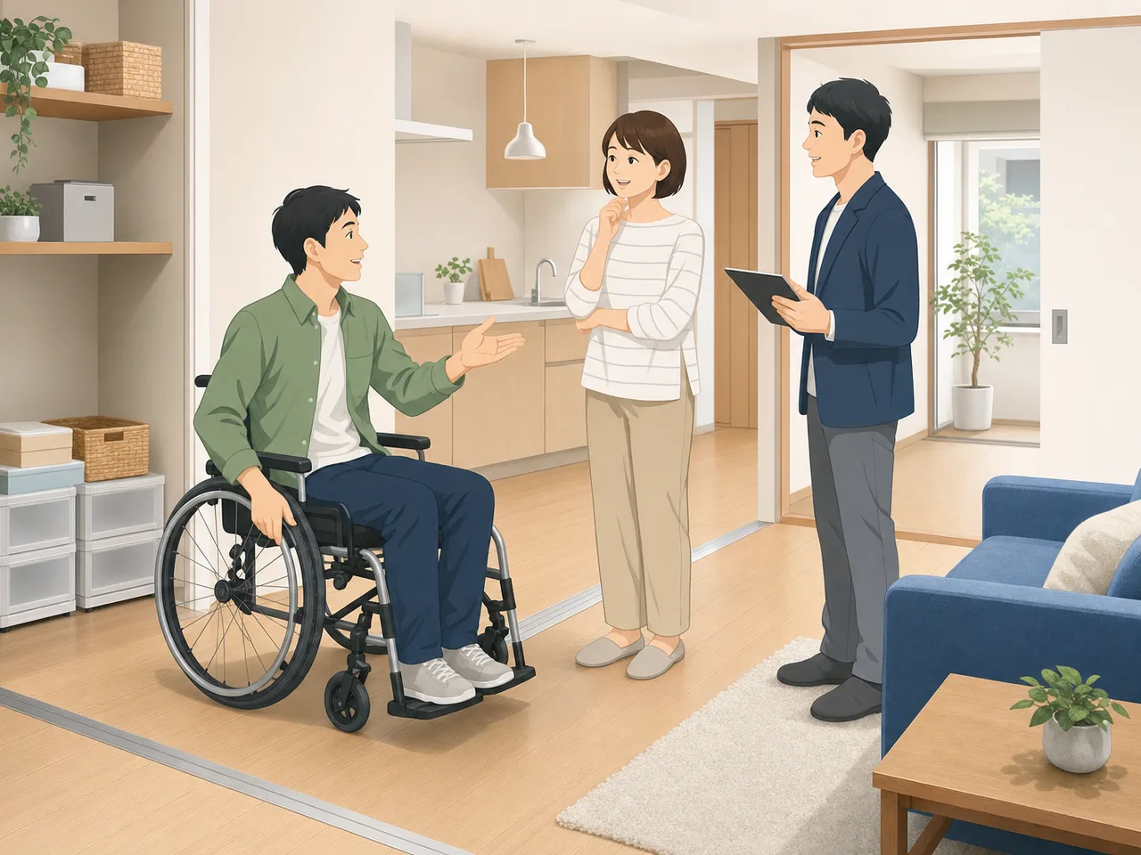 バリアフリー住宅で暮らす日本人（フラットイラスト）。バリアフリー住宅、車いす、住環境、共生の記事向け素材です。