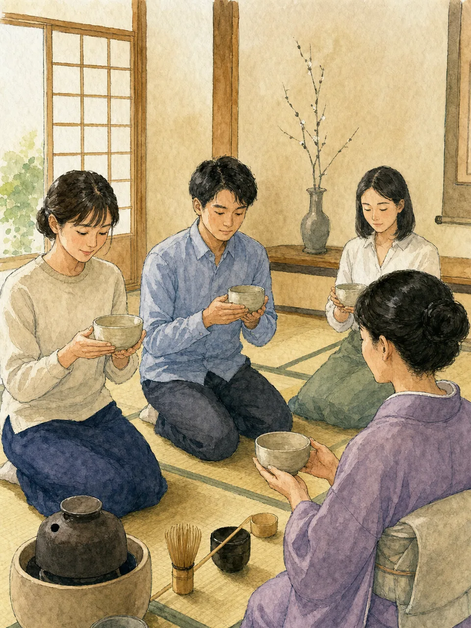 茶道を学ぶ日本人（手描き水彩）。茶道、茶の湯、日本文化、伝統文化の記事や案内に使える商用素材です。