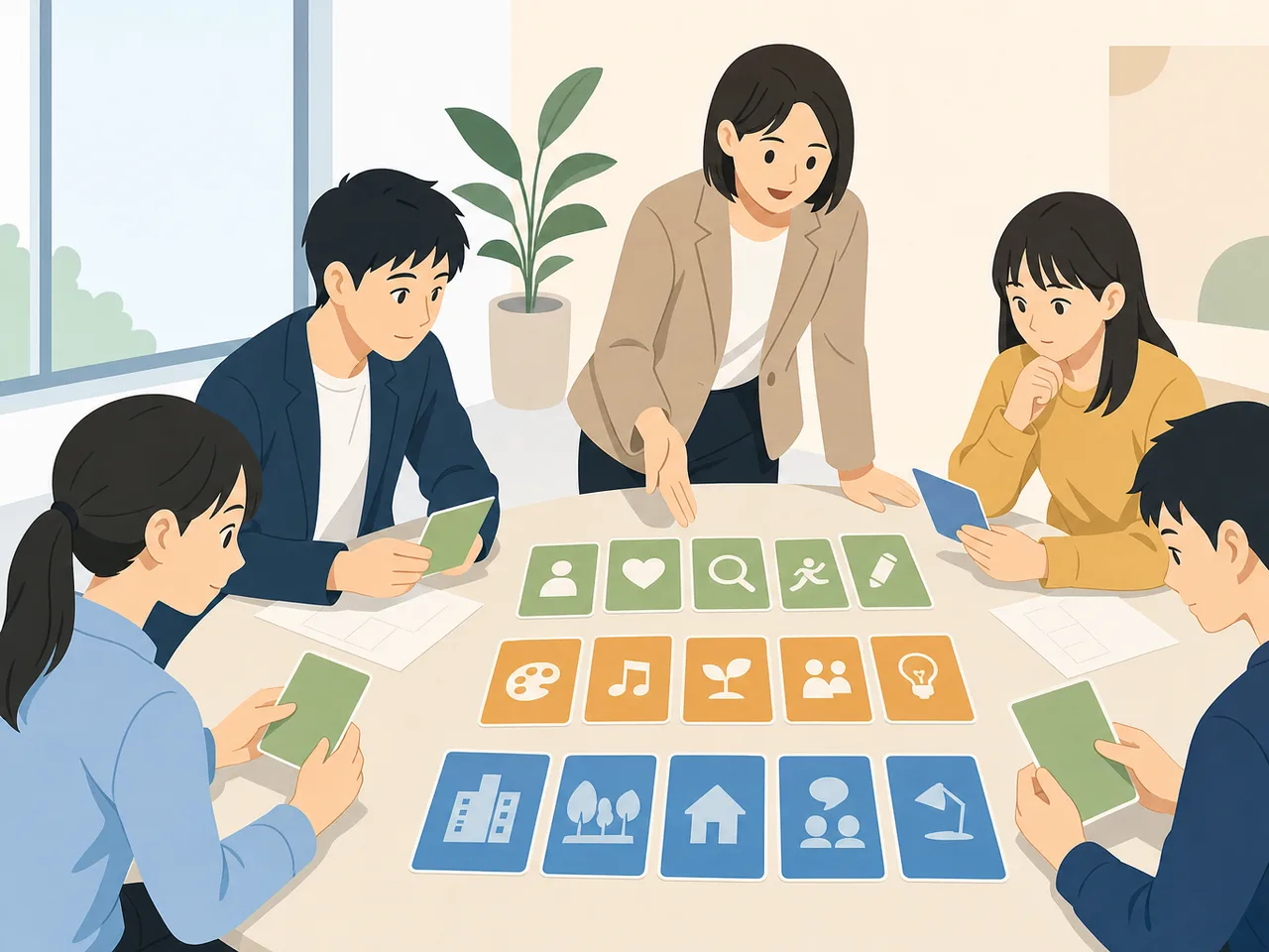 就職活動の自己分析をする日本人学生（フラットイラスト）。就活の自己分析、自己分析ワークショップ、就職活動、大学生の記事や案内に使える商用素材です。