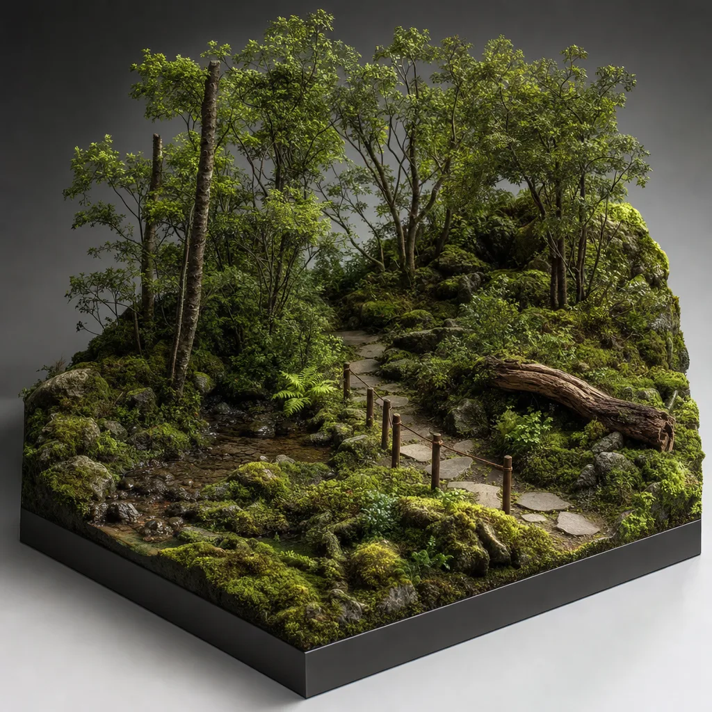 湿潤な日本の苔の森（立体ディスプレイ）。苔の森、苔、森林、緑の自然向け素材です。