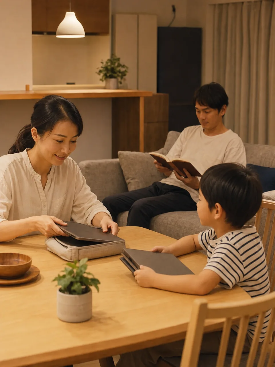 夜を穏やかに過ごす日本人家族（自然な縦位置写真）。夜の過ごし方、家族団らん、ナイトルーティン、家庭の記事や案内に使える商用素材です。