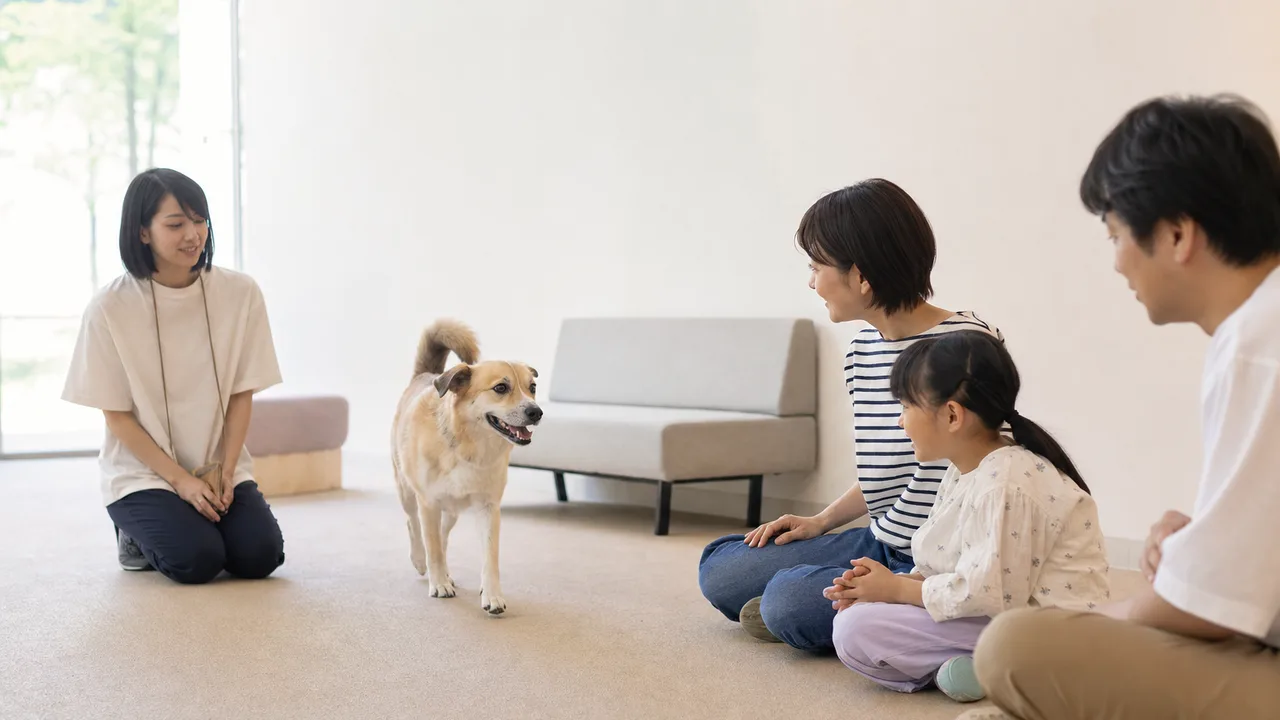保護犬と出会う日本人家族（横長・コピースペース）。保護犬、里親、動物福祉、家族の記事向け素材です。