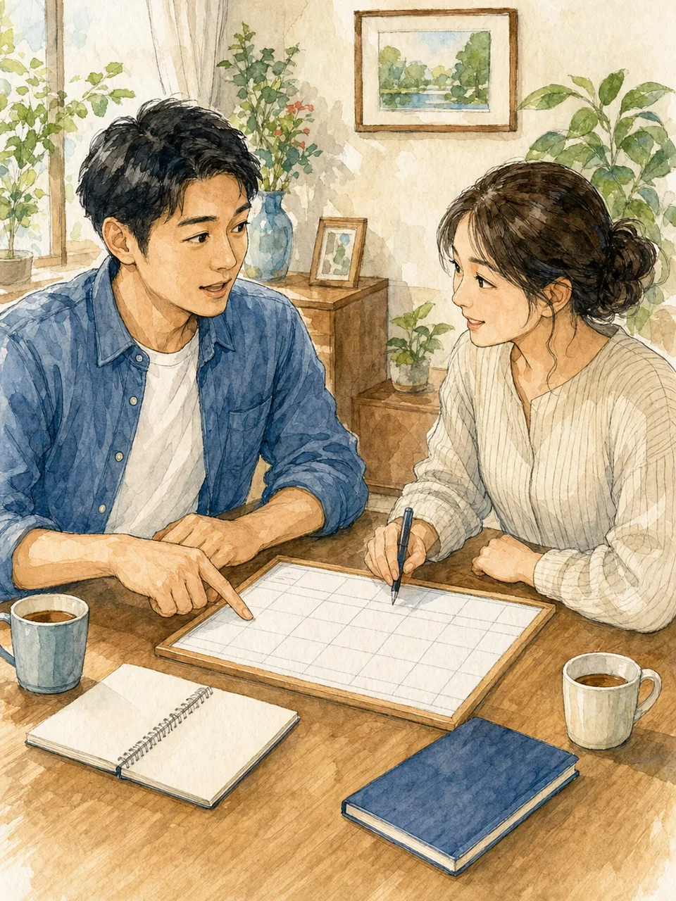家族の役割を話し合う日本人の成人きょうだい（手描き水彩）。成人きょうだい、兄弟姉妹、家族会議、協力の記事向け素材です。