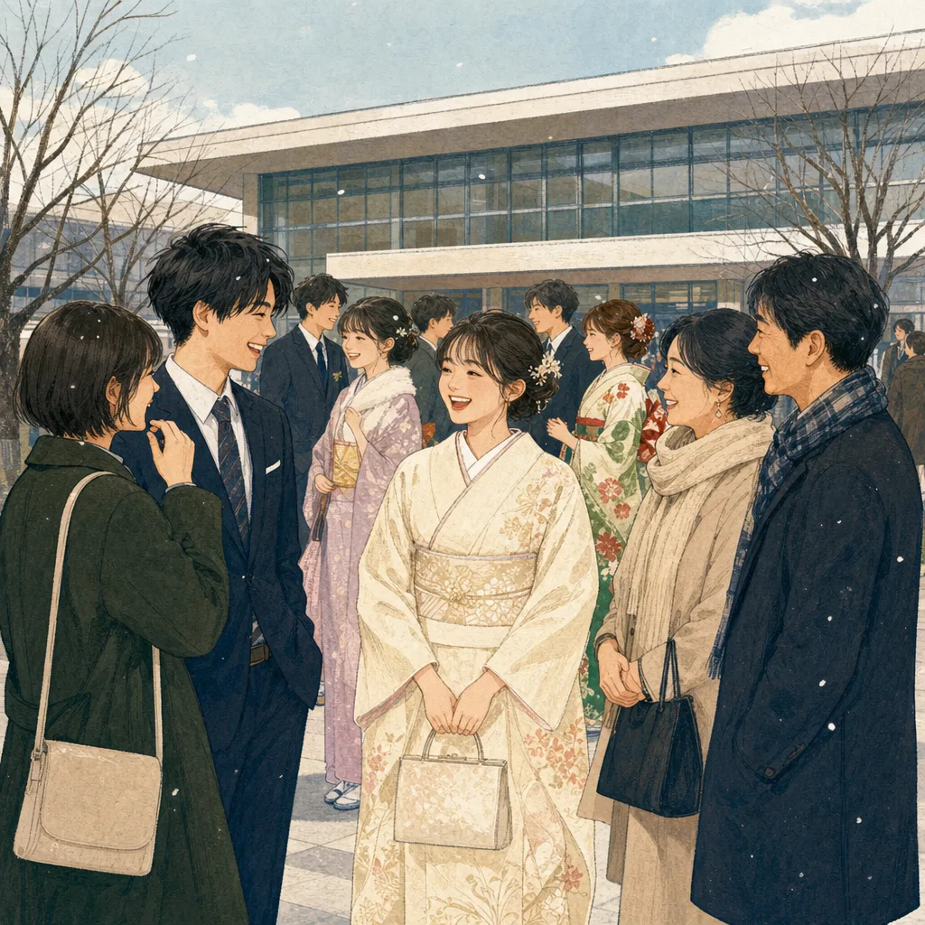 成人式を迎える日本人の若者（編集記事向け）。成人式、二十歳、家族、冬の行事の記事向け素材です。