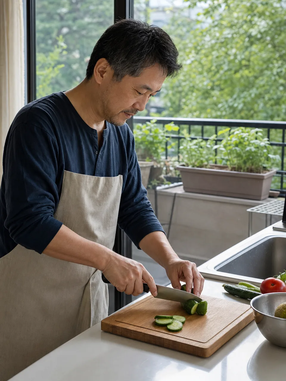 日々を楽しむ日本人の中年男性（自然な縦位置写真）。中年男性、日常生活、趣味、健康的な暮らしの記事向け素材です。