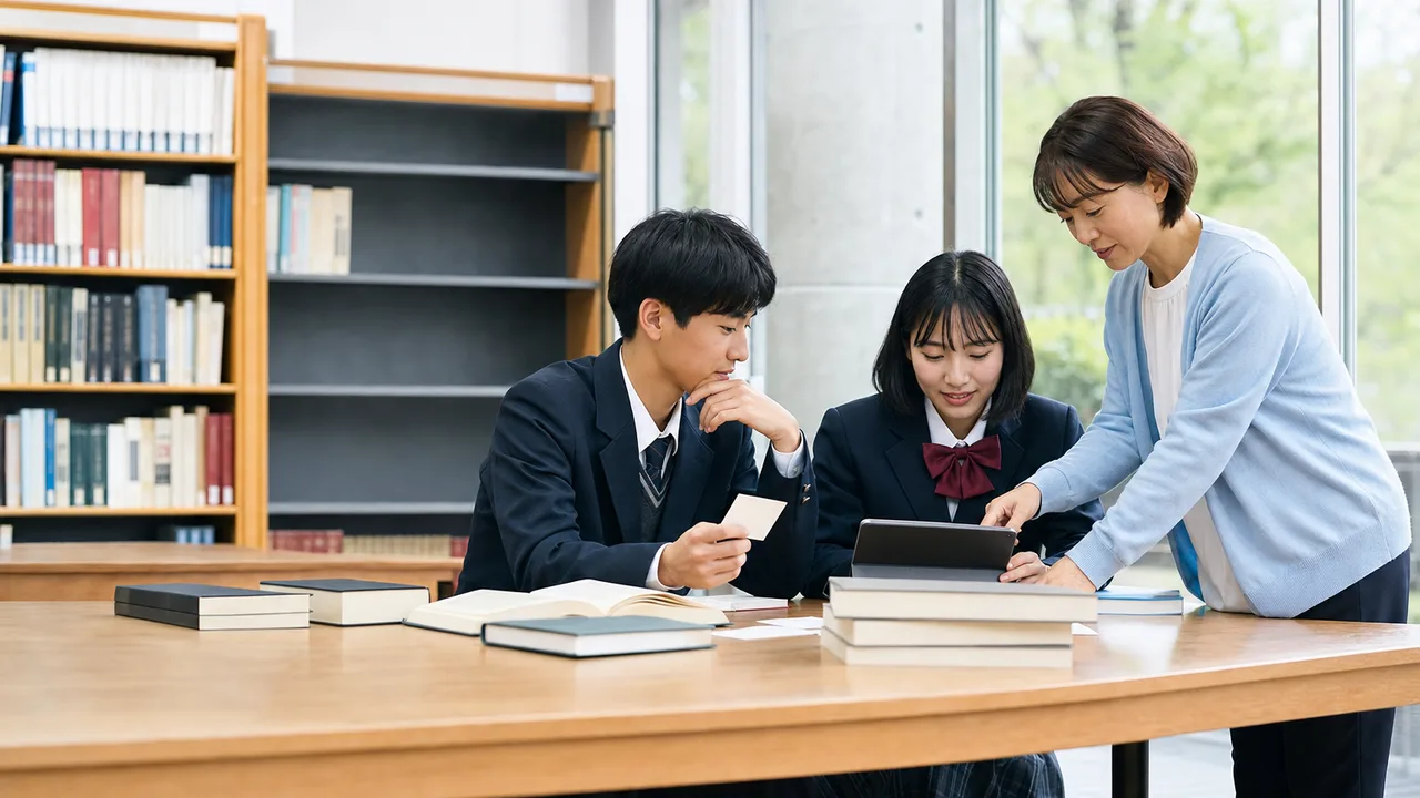 図書館で調べ学習をする日本人学生（横長・コピースペース）。調べ学習、図書館教育、情報検索、学校図書館の記事や案内に使える商用素材です。