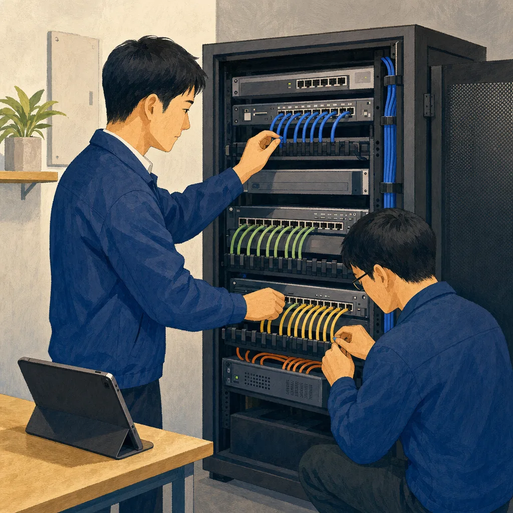 ネットワークを保守する日本人エンジニア（編集記事向け）。ネットワークエンジニア、通信設備、保守、IT基盤の記事向け素材です。
