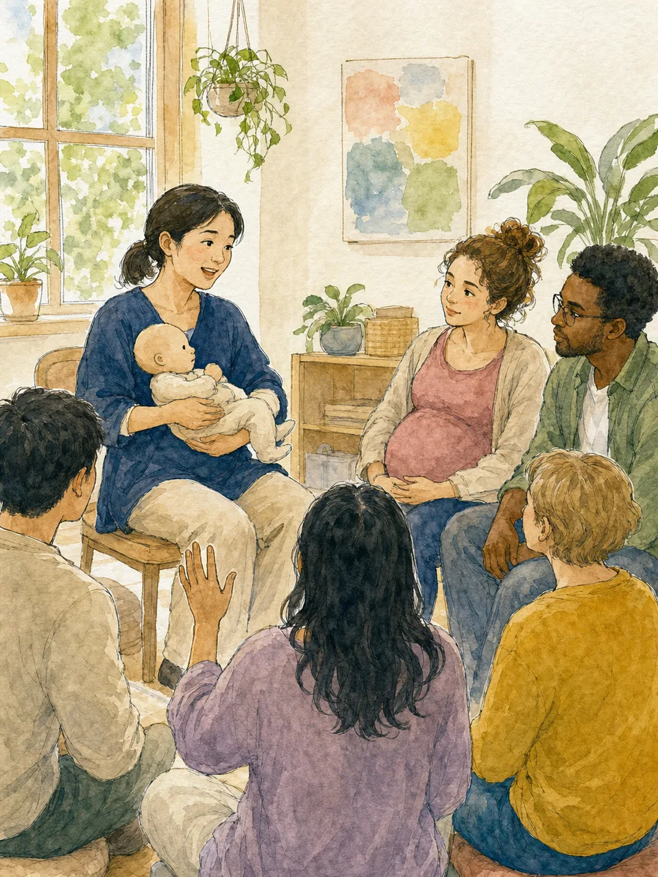 両親学級を支える日本人助産師（手描き水彩）。助産師、両親学級、妊娠、出産準備の記事向け素材です。