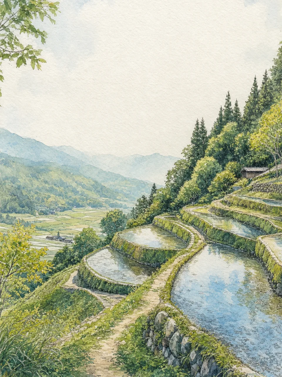 日本の里山に広がる棚田（水彩フレーム）。棚田、里山、水田、農村景観の記事向け素材です。
