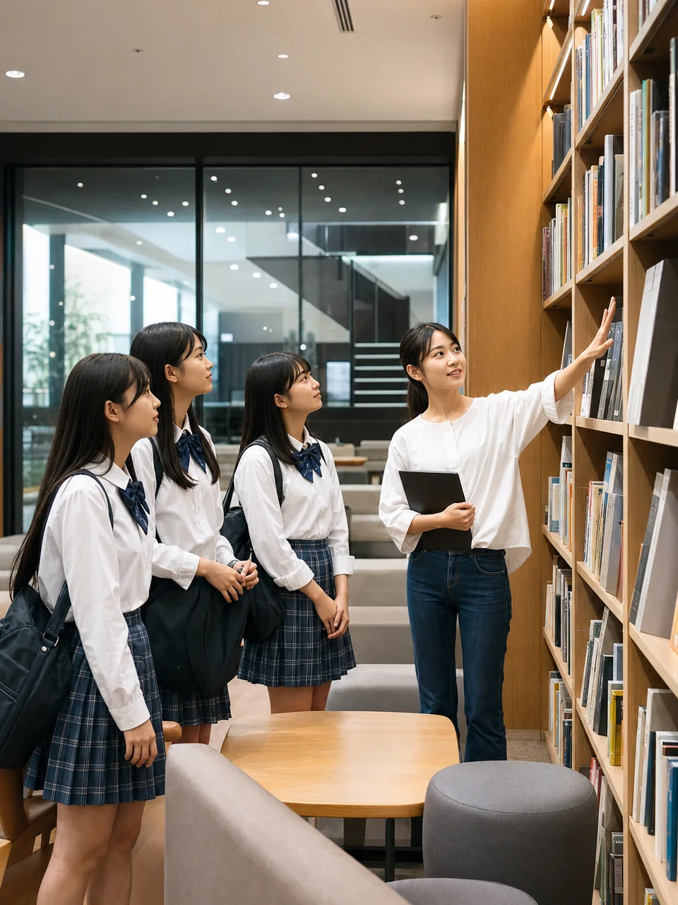 オープンキャンパスを見学する日本人高校生（自然な縦位置写真）。オープンキャンパス、大学選び、高校生、進路の記事向け素材です。
