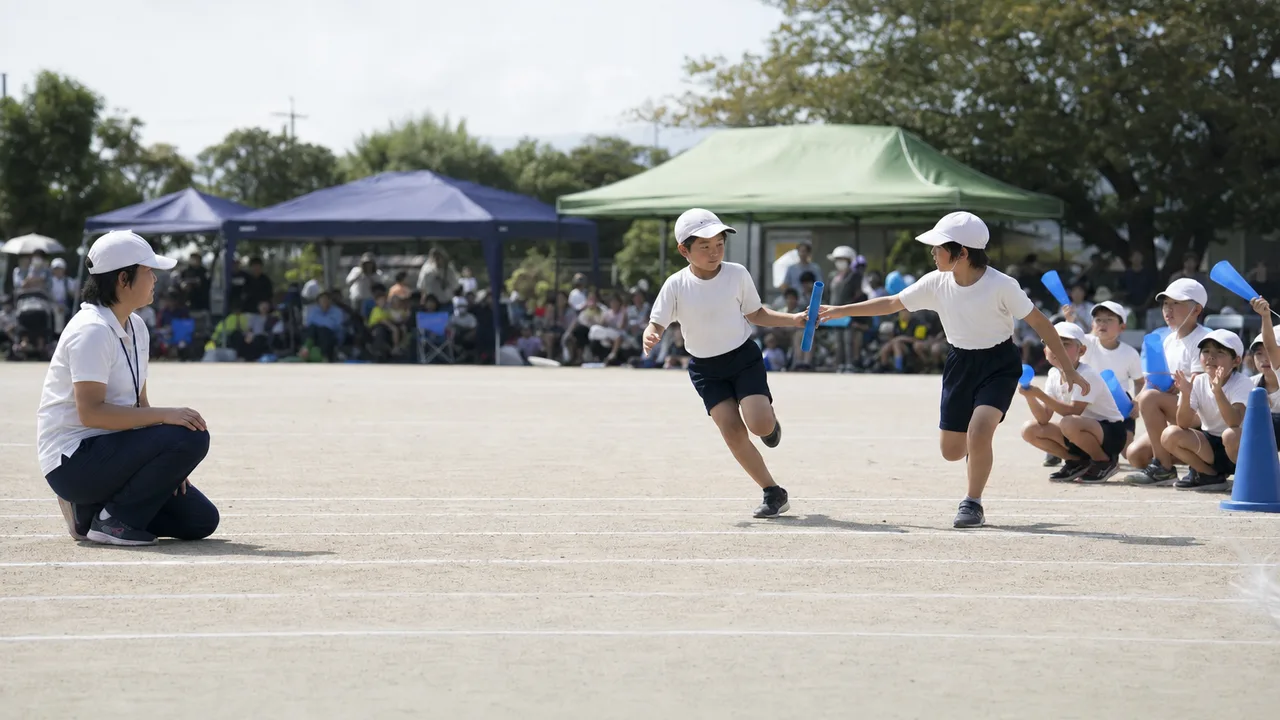 運動会を楽しむ日本人の子どもたち（横長・コピースペース）。運動会、学校行事、子ども、地域イベントの記事向け素材です。