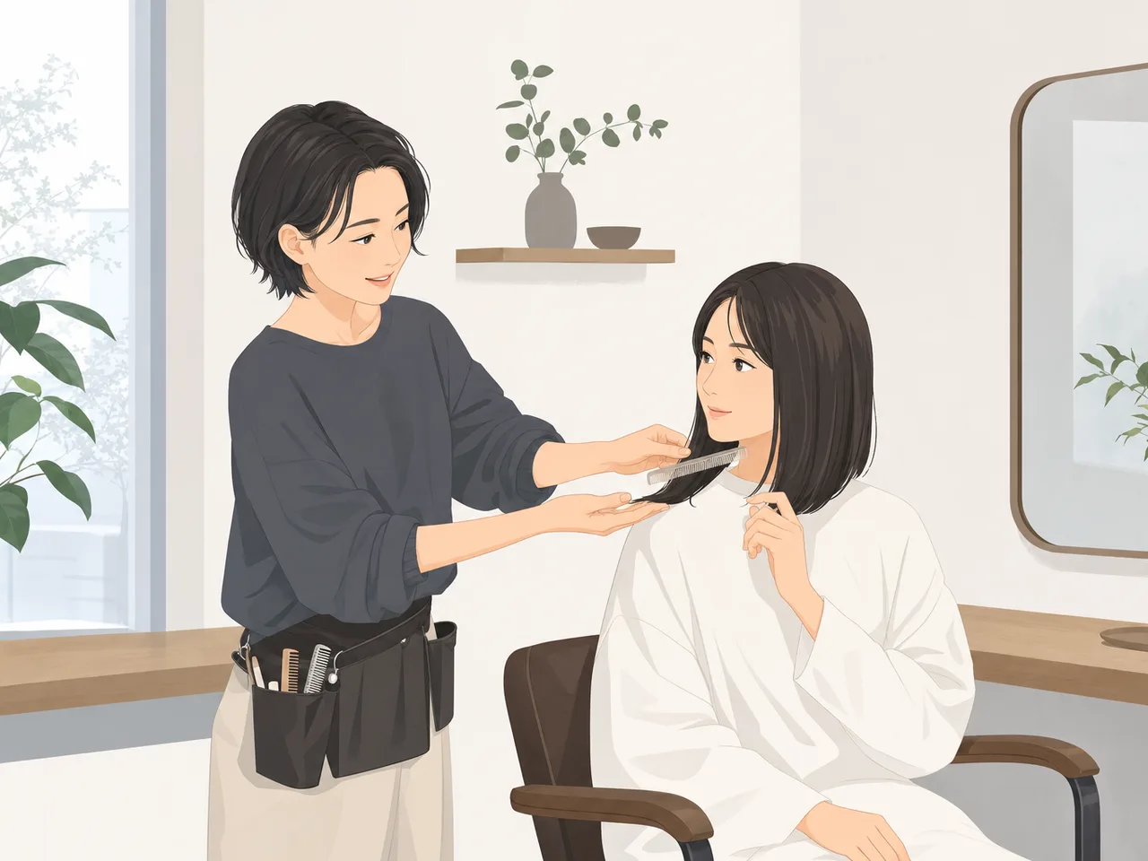 美容室で働く日本人美容師（フラットイラスト）。美容師、美容室、ヘアケア、接客の記事に使える素材です。