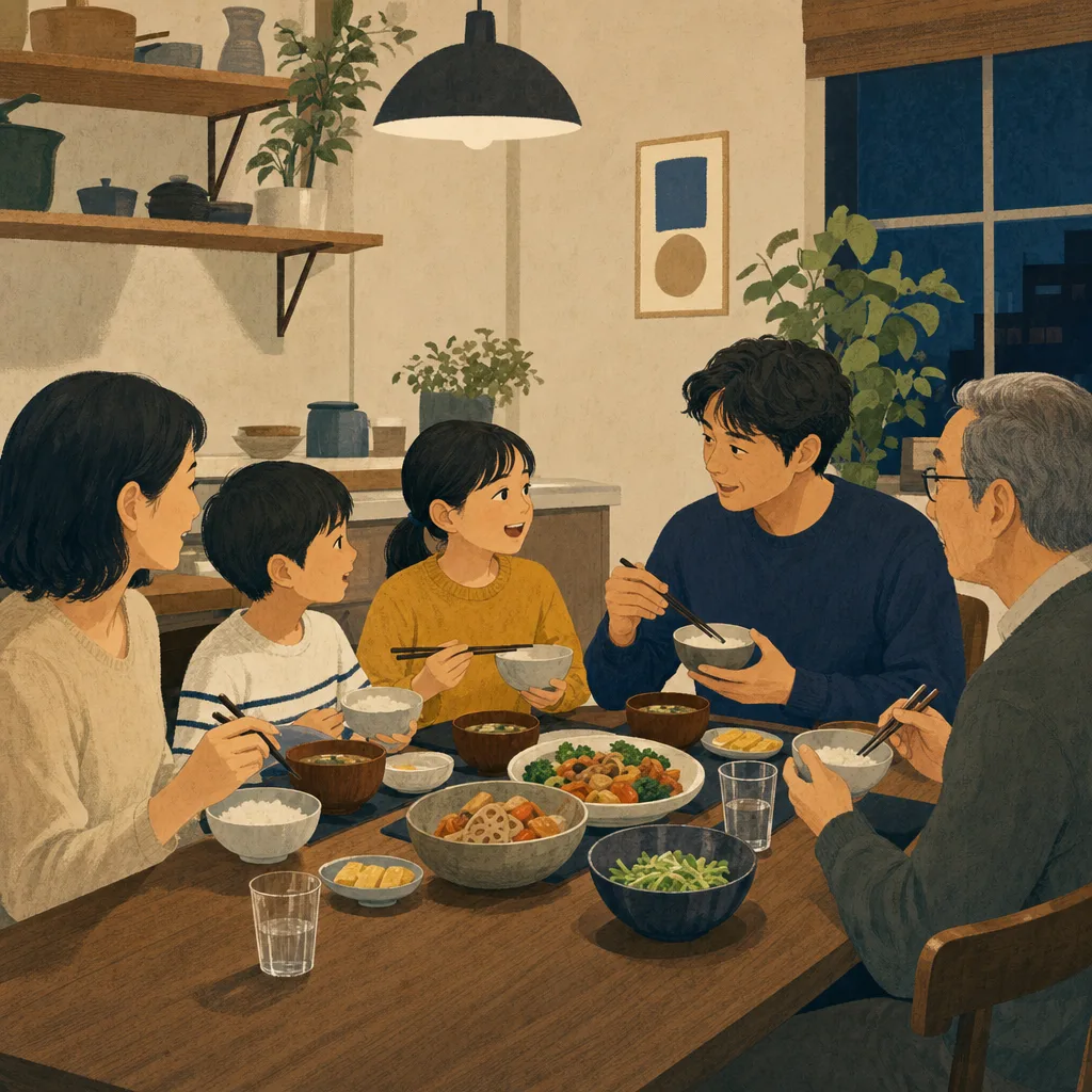 食卓を囲む日本人のステップファミリー（編集記事向け）。ステップファミリー、再婚家庭、家族の食卓、子育ての記事や案内に使える商用素材です。