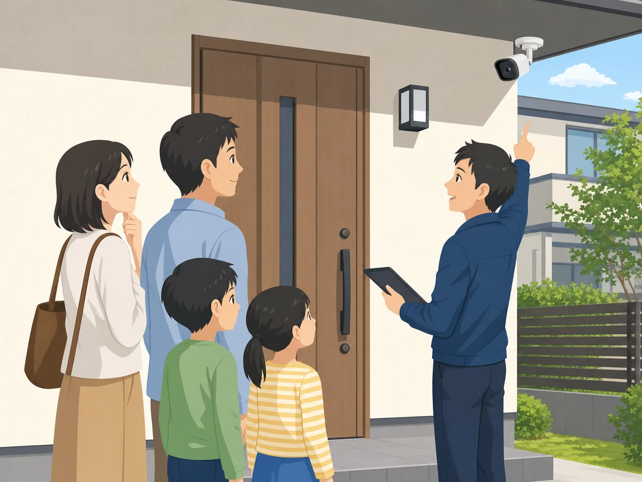 住宅防犯を確認する日本人家族（フラットイラスト）。住宅防犯、防犯カメラ、戸締まり、住まいの安全の記事向け素材です。