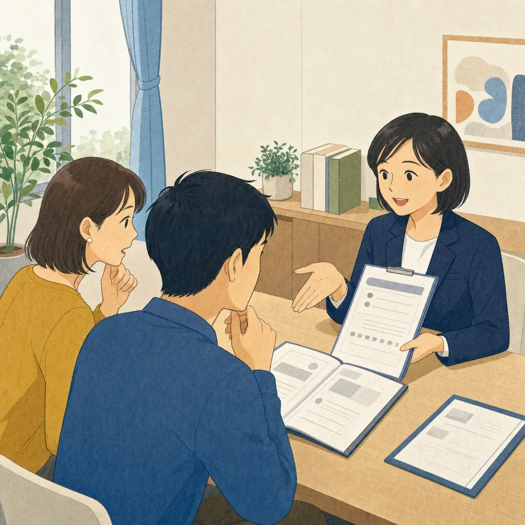 賃貸契約の説明を受ける日本人（編集記事向け）。賃貸契約、不動産、部屋探し、重要事項説明の記事向け素材です。