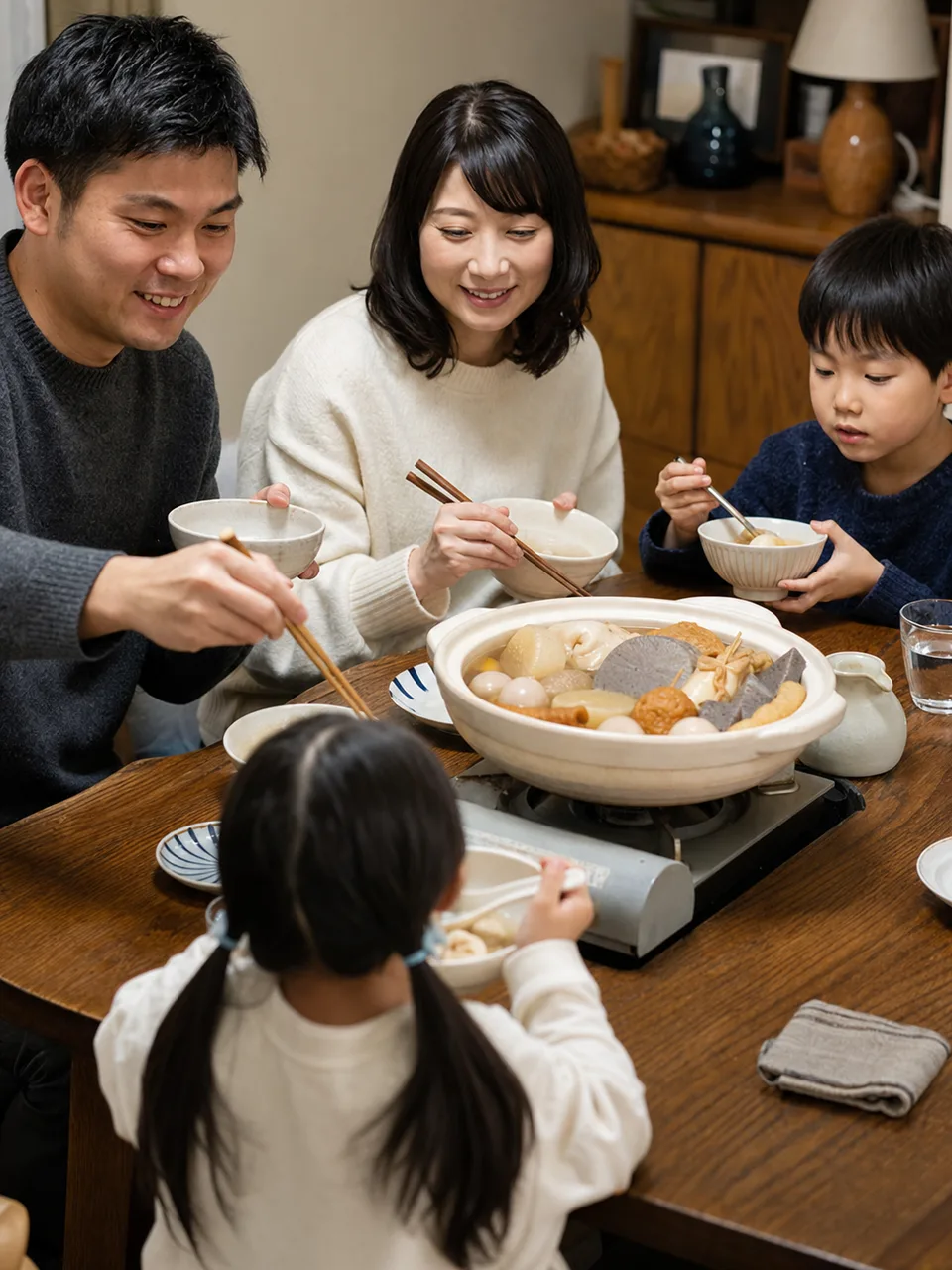 おでんを囲む日本人家族（自然な縦位置写真）。おでん、冬の食卓、鍋料理、家族の記事向け素材です。