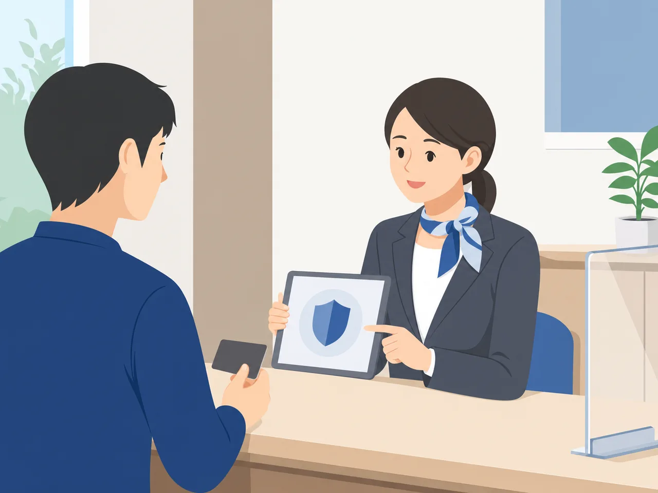 銀行で本人確認を受ける日本人（フラットイラスト）。銀行窓口の本人確認、口座手続きのKYC、本人確認、銀行手続きの記事や案内に使える商用素材です。