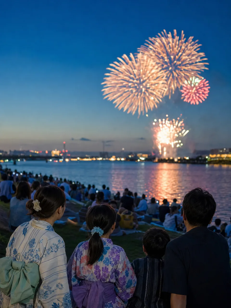 花火大会を楽しむ日本人の人々（自然な縦位置写真）。花火大会、夏、地域イベント、観光の記事に使える季節素材です。