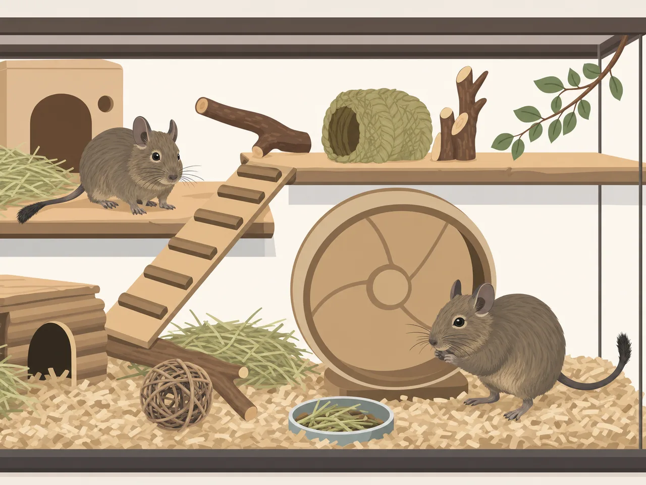 仲間と暮らすデグー（フラットイラスト）。デグー、小動物、ペット、多頭飼育の記事や案内に使える商用素材です。
