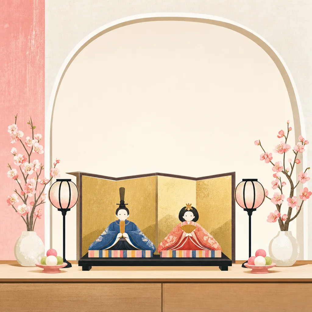 ひな祭りを彩るひな人形と桃の花（正方形デザイン）。ひな祭り、桃の節句、春、日本文化のデザインに使える素材です。