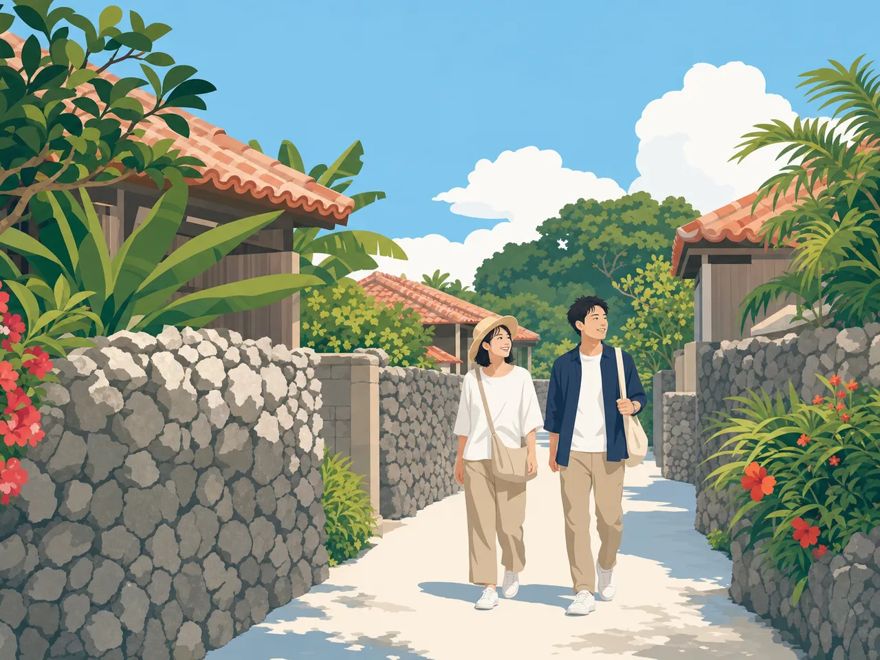 沖縄の島の集落を歩く旅行者（フラットイラスト）。沖縄の島集落、沖縄の赤瓦集落、沖縄旅行、赤瓦の記事や案内に使える商用素材です。