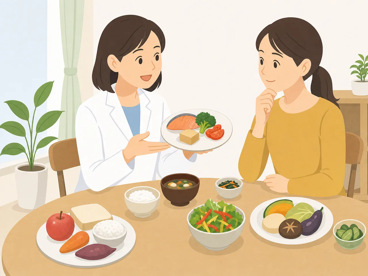 糖尿病予防の栄養相談を受ける日本人（フラットイラスト）。糖尿病予防、栄養相談、管理栄養士、食生活の記事や案内に使える商用素材です。