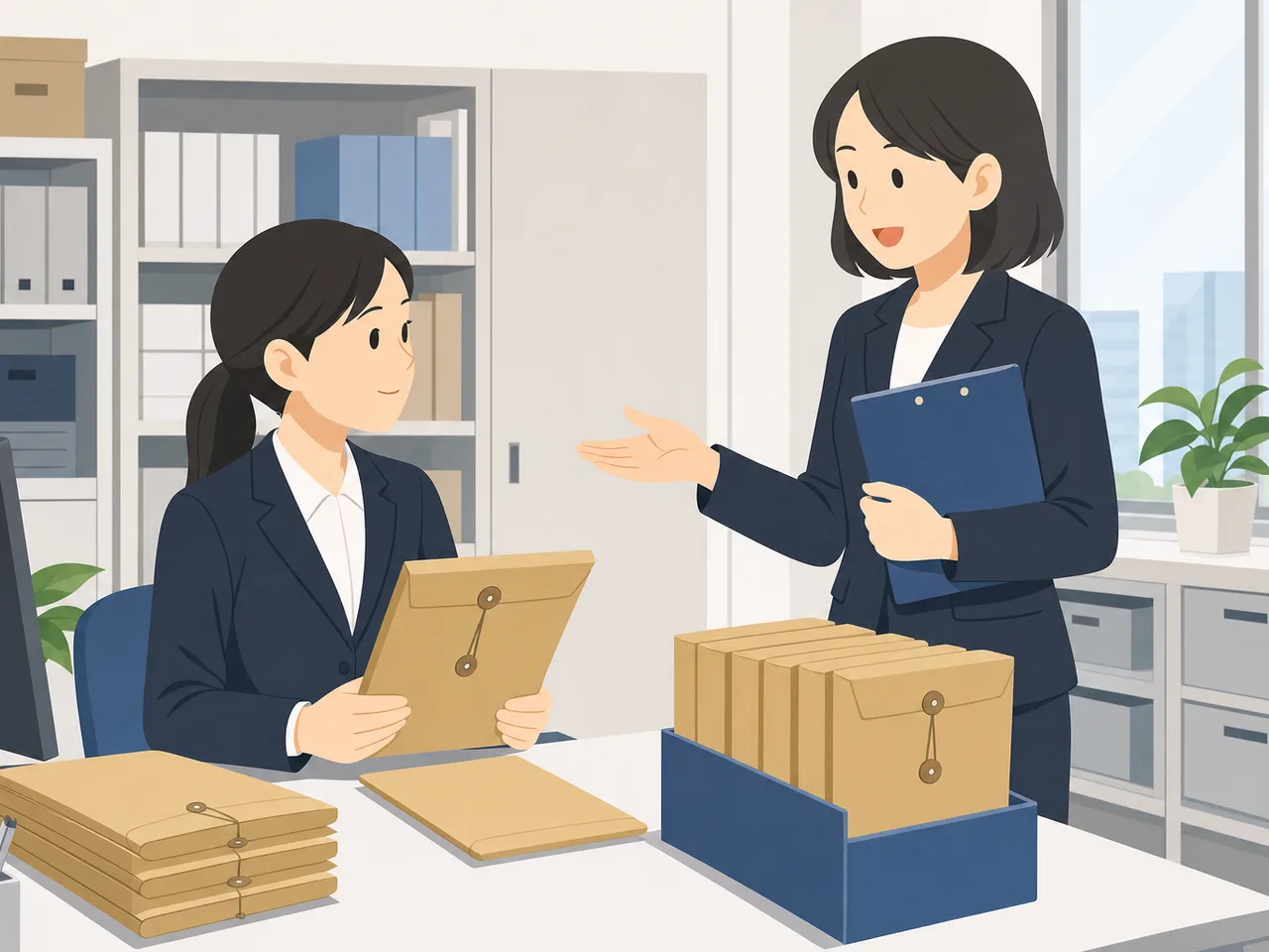 裁判事務を行う日本人裁判所職員（フラットイラスト）。裁判所職員、裁判事務、法律、司法の記事や案内に使える商用素材です。