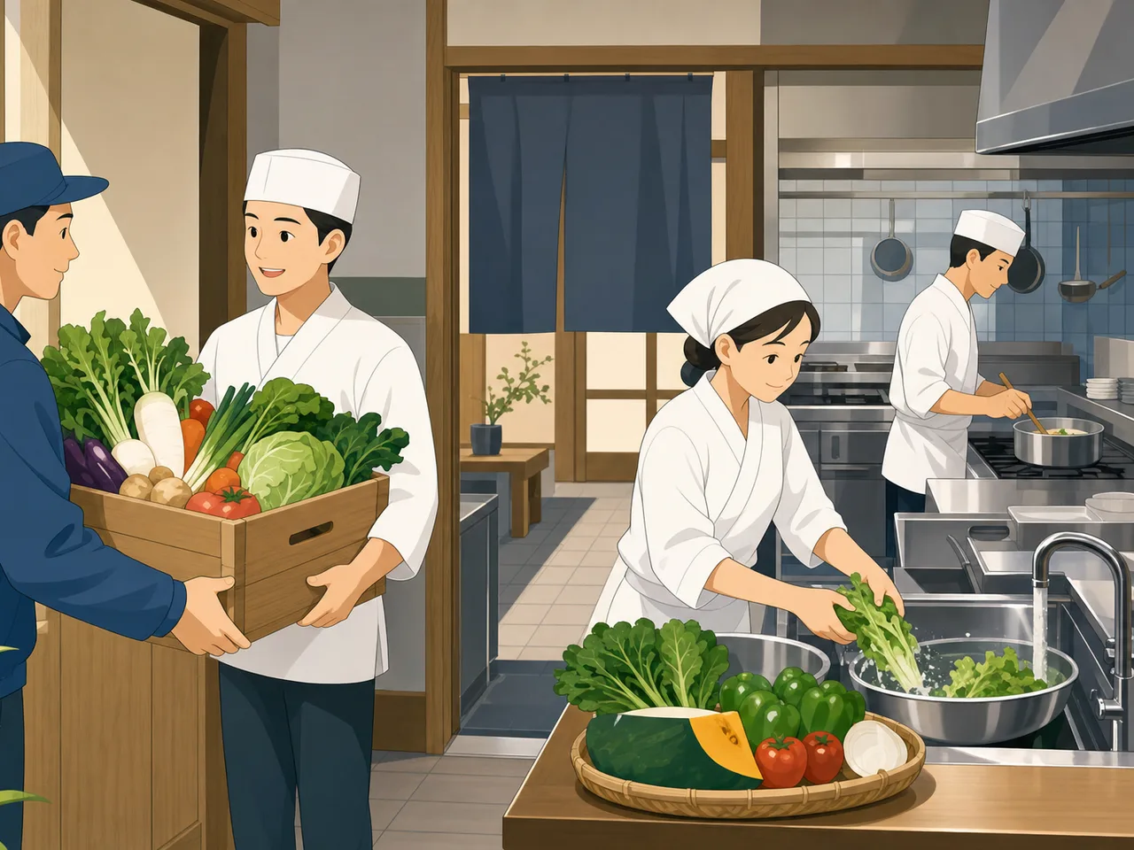 地元食材を仕込む日本人料理人（フラットイラスト）。地産地消レストラン、地元食材、料理人、農家の記事や案内に使える商用素材です。