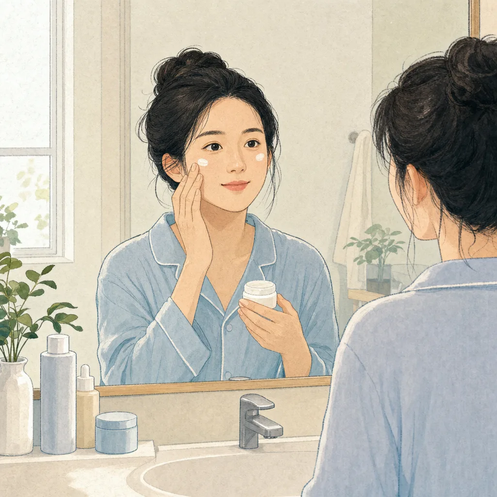 自宅でスキンケアをする日本人（編集記事向け）。スキンケア、美容、セルフケア、化粧品の記事に使える清潔感のある素材です。