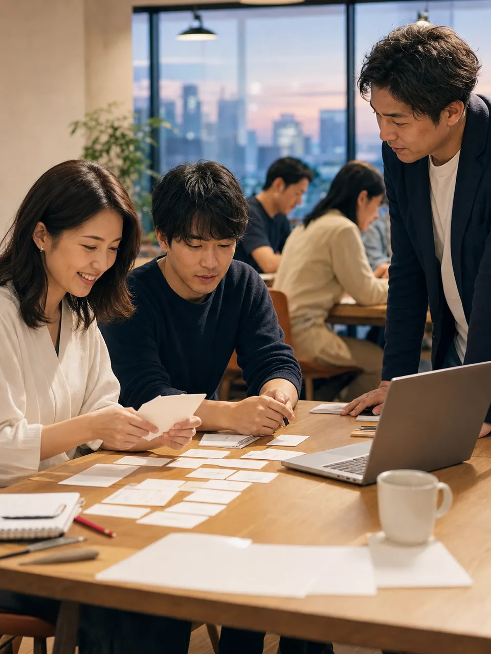 社会人学習に取り組む日本人（自然な縦位置写真）。社会人学習、学び直し、リスキリング、成人教育の記事向け素材です。