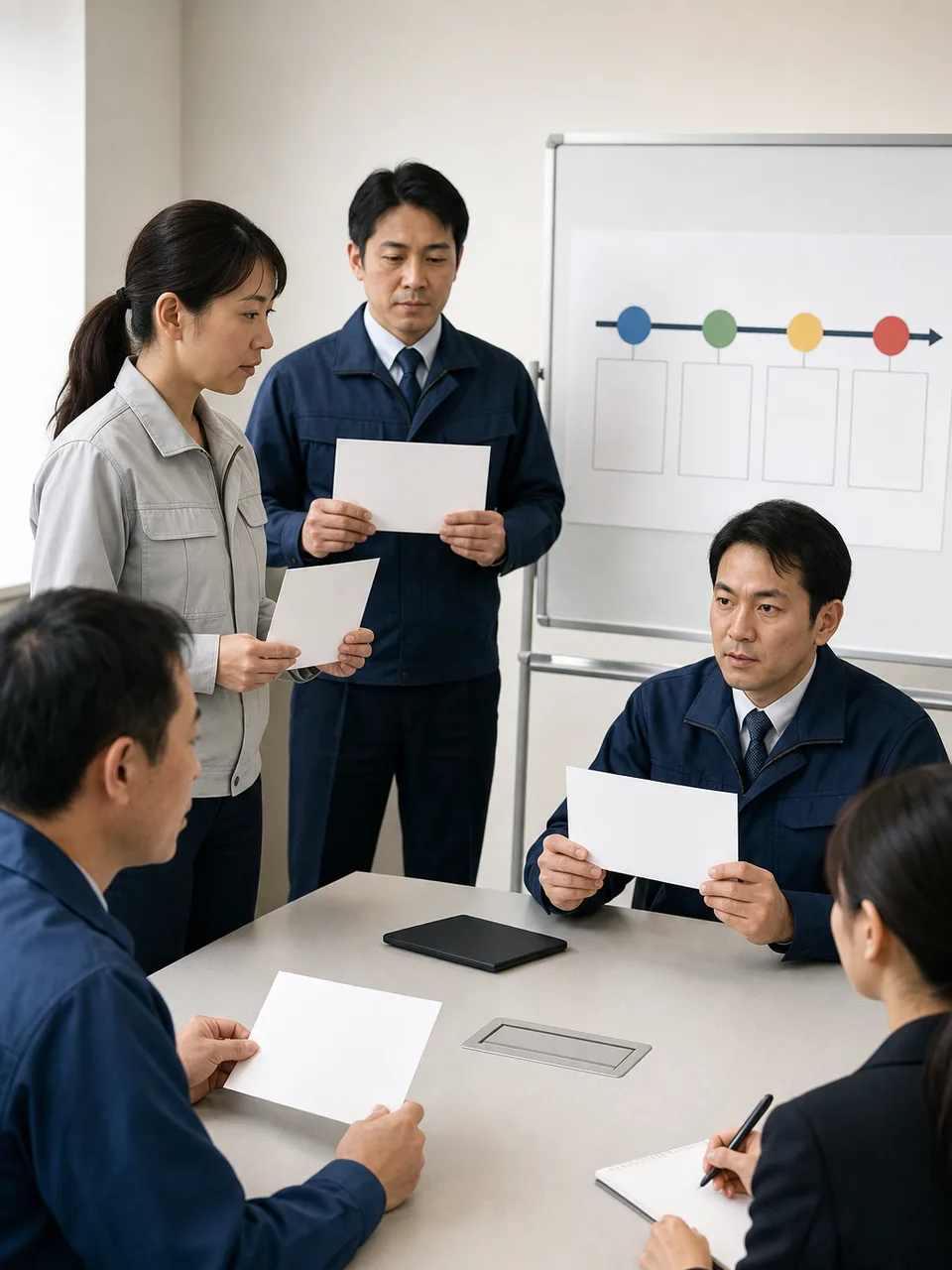 危機広報を訓練する日本人チーム（自然な縦位置写真）。危機広報、広報訓練、緊急対応、情報発信の記事や案内に使える商用素材です。