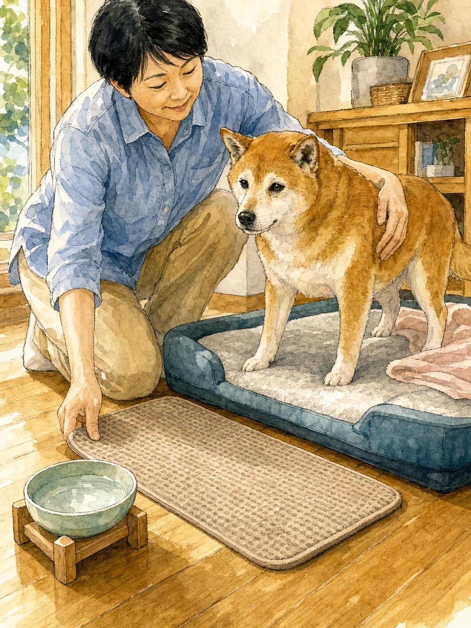 老犬をやさしく見守る日本人（手描き水彩）。老犬介護、シニア犬、ペットケア、暮らしの記事向け素材です。