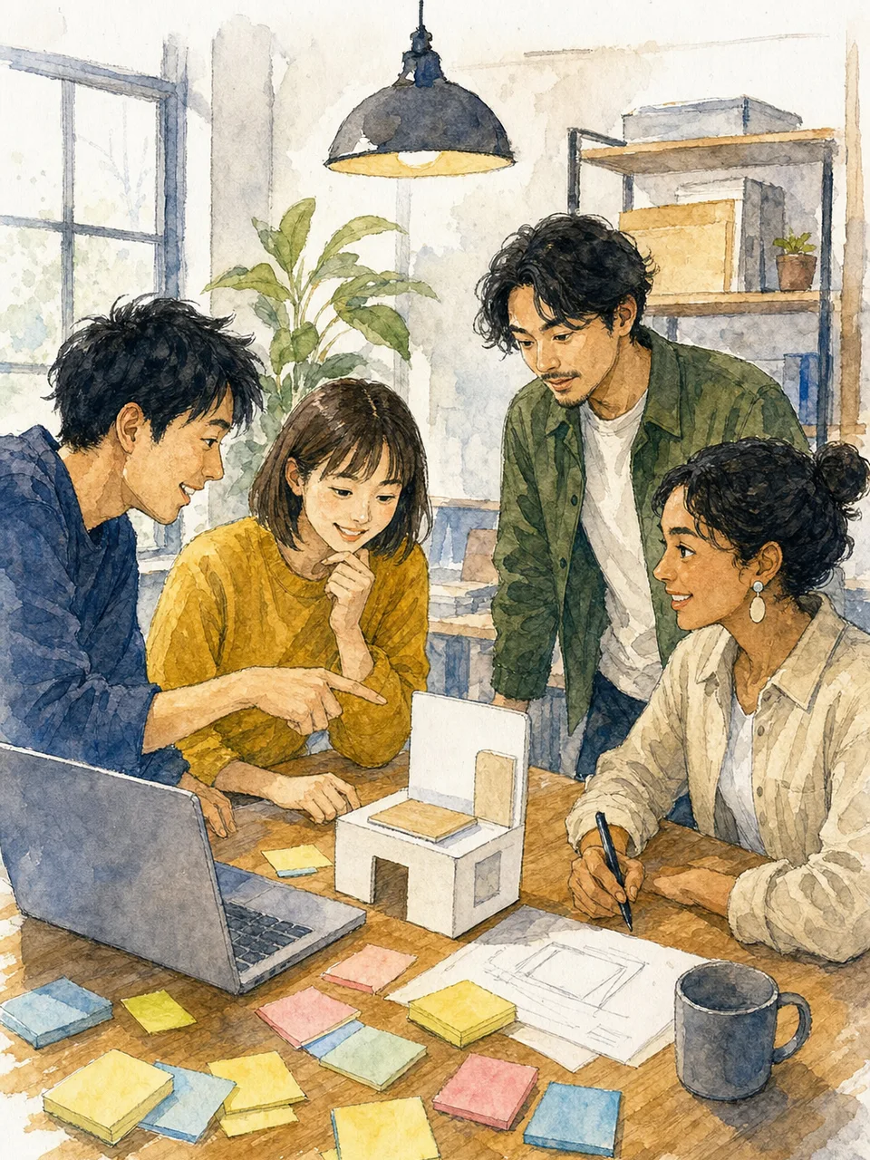 事業を立ち上げるスタートアップチーム（手描き水彩）。起業、新規事業、資金調達、チーム形成を伝えられる企画場面です。