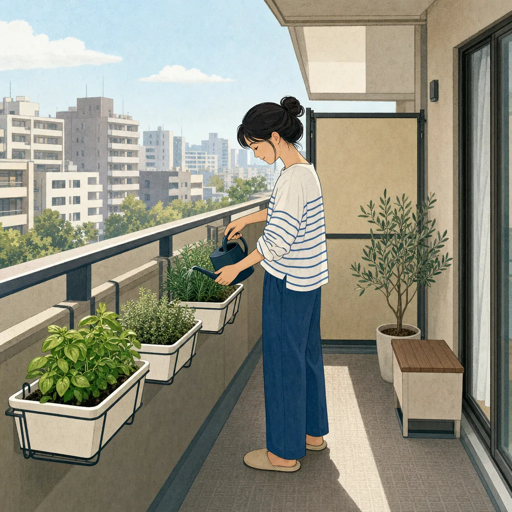 ベランダガーデニングを楽しむ日本人（編集記事向け）。ベランダガーデニング、鉢植え、家庭菜園、住まいの記事向け素材です。